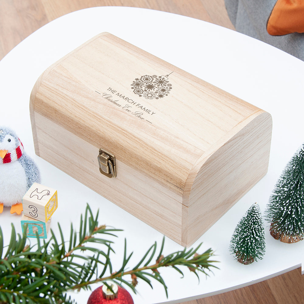Personalised Family Christmas Eve Chest With Decorative Bauble Design