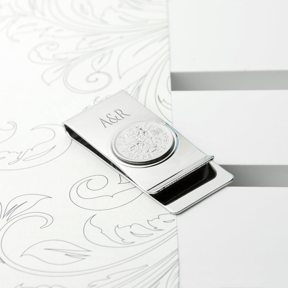 Personalised Rhodium Plated Lucky Sixpence Money Clip