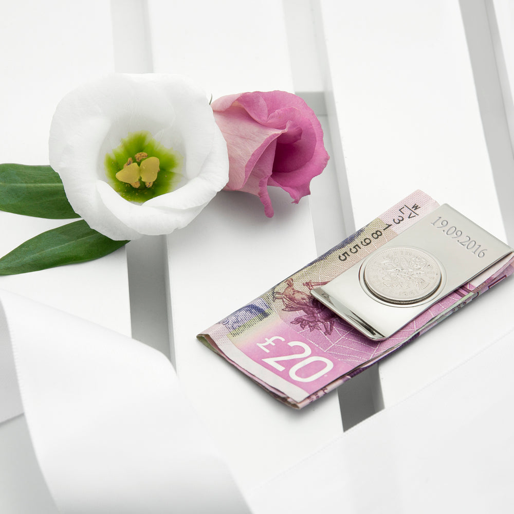 Personalised Rhodium Plated Lucky Sixpence Money Clip
