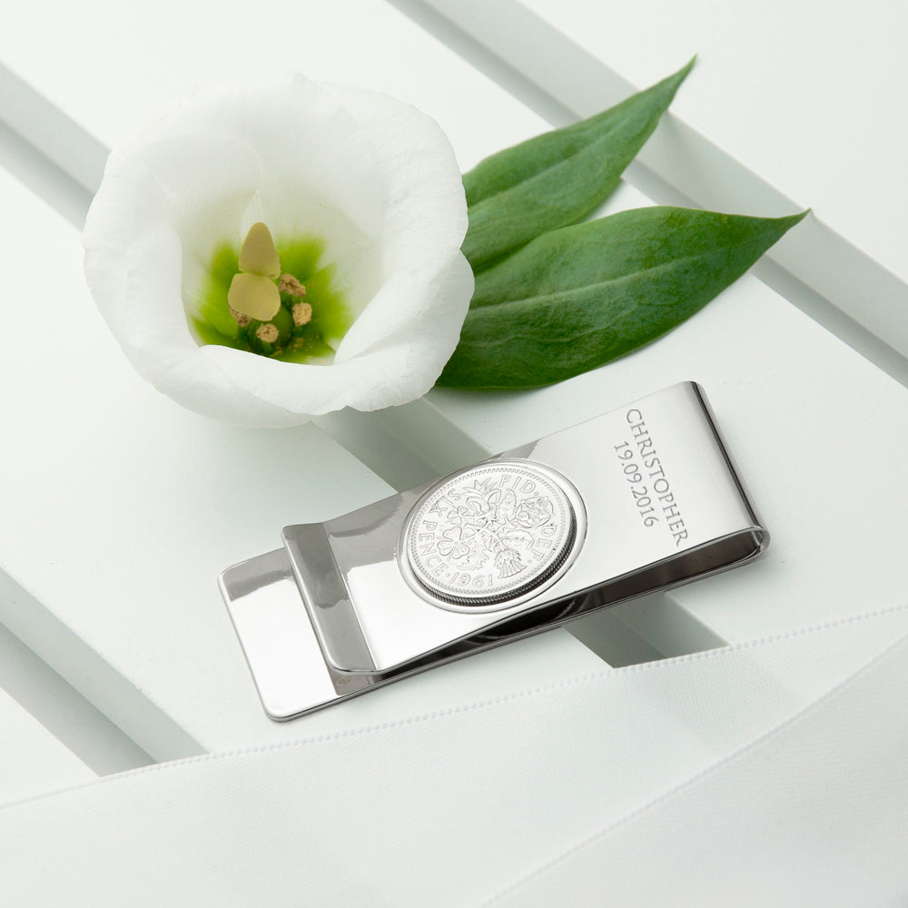 Personalised Rhodium Plated Lucky Sixpence Money Clip