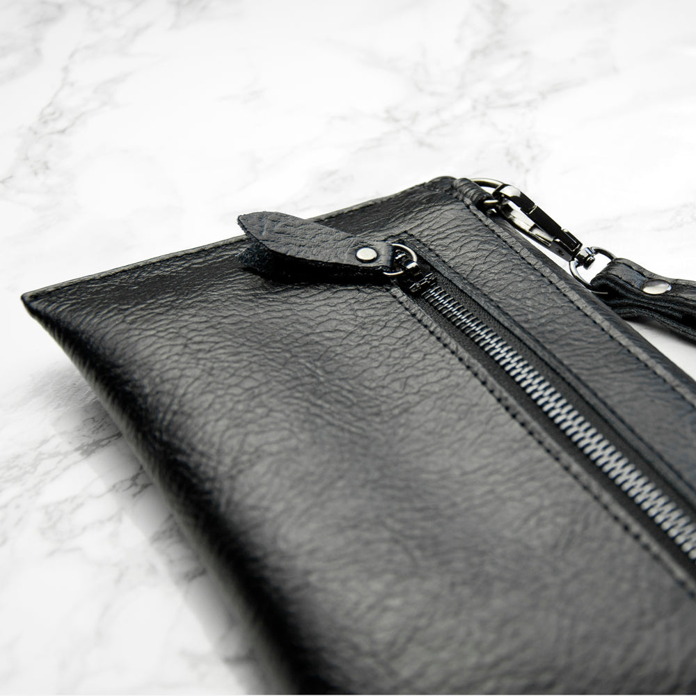 Personalised Black Leather Clutch Bag
