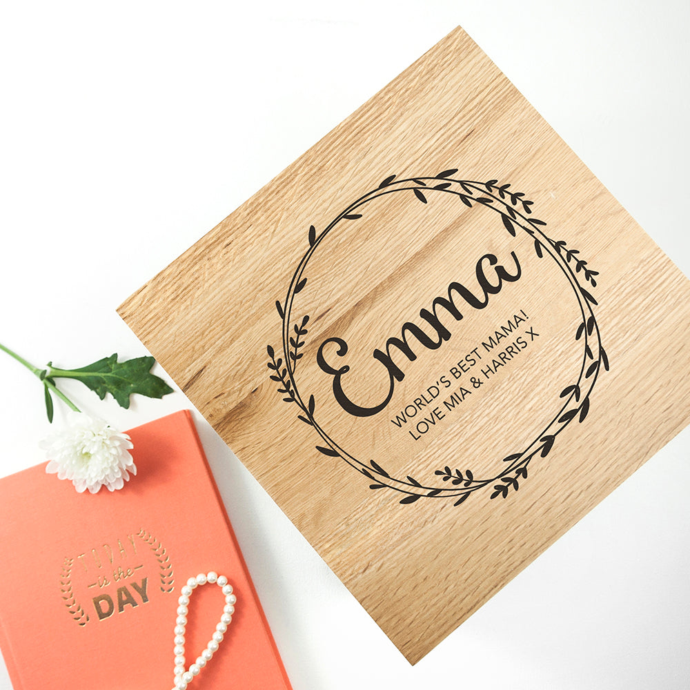 Personalised Wreath Mother's Day Large Oak Photo Cube