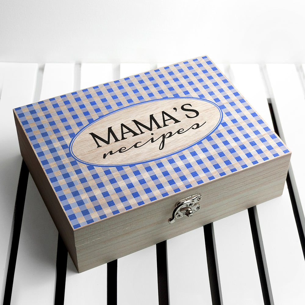 Personalised Gingham Blue Recipe Box