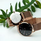 Personalised Rose Gold Mesh Strapped Watch With Black Dial
