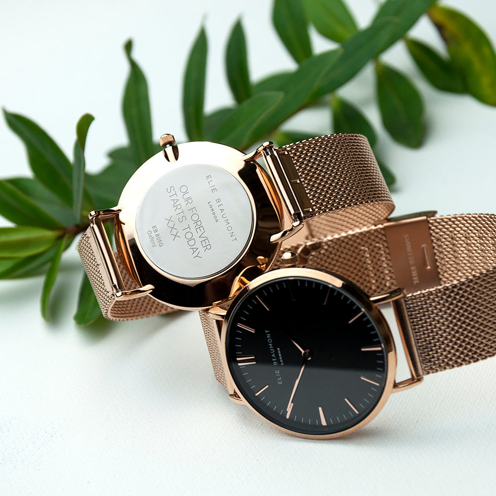 Personalised Rose Gold Mesh Strapped Watch With Black Dial