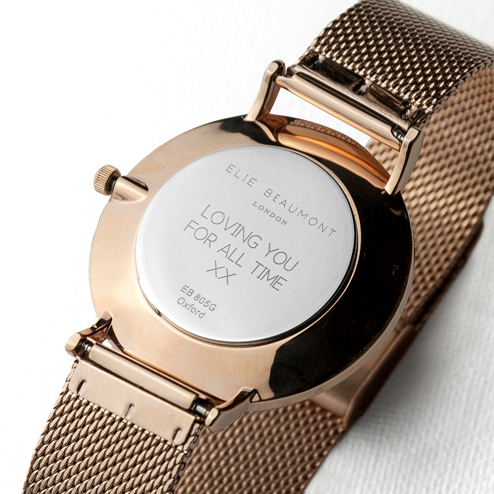 Personalised Rose Gold Mesh Strapped Watch With Black Dial