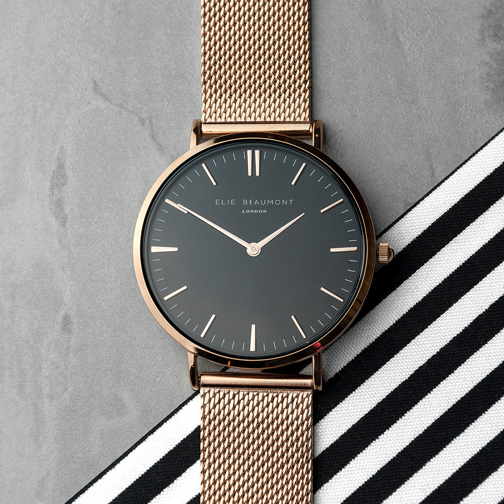 Personalised Rose Gold Mesh Strapped Watch With Black Dial