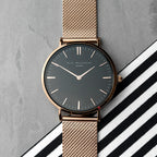 Personalised Rose Gold Mesh Strapped Watch With Black Dial