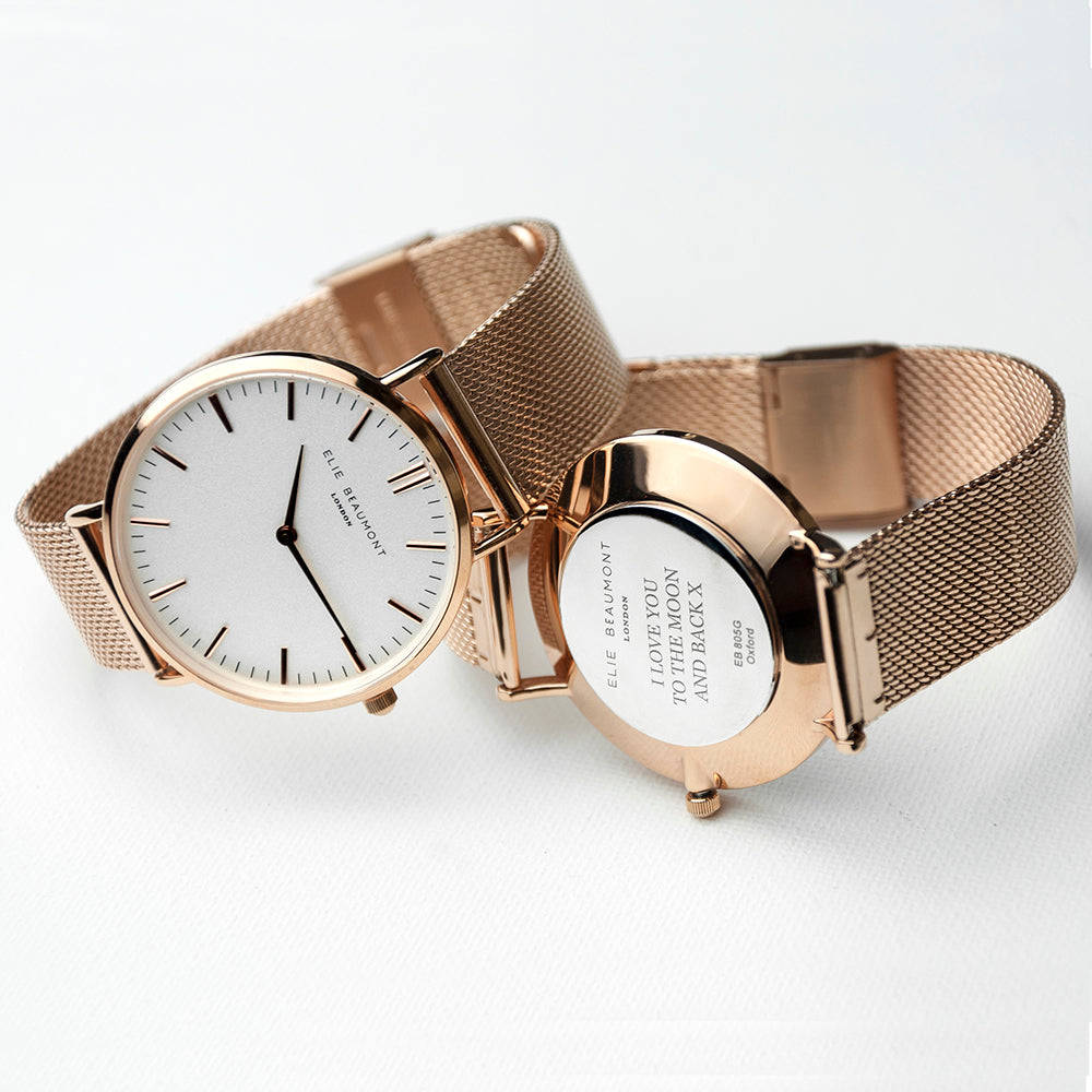 Personalised Rose Gold Mesh Strapped Watch With White Dial