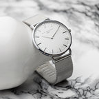 Personalised Metallic Mesh Strapped Watch With White Dial