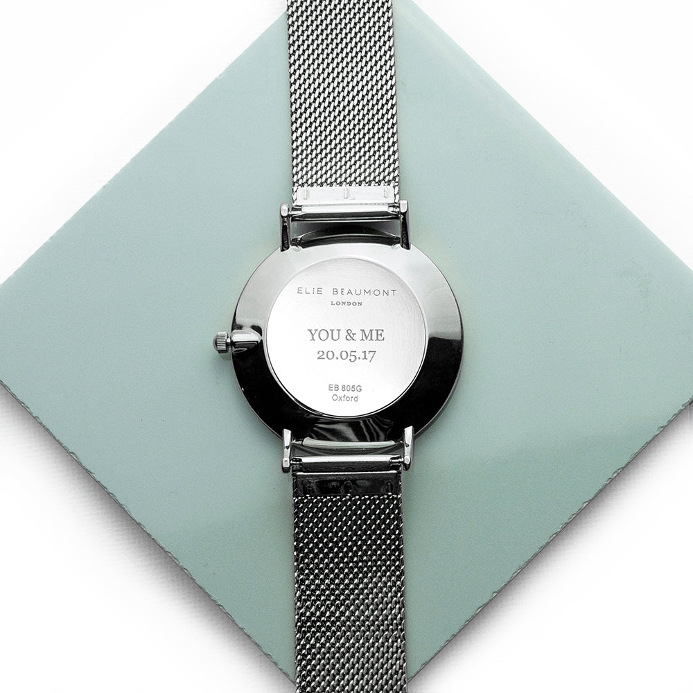 Personalised Metallic Mesh Strapped Watch With White Dial