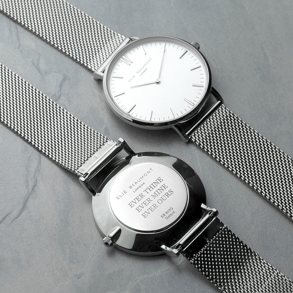 Personalised Metallic Mesh Strapped Watch With White Dial