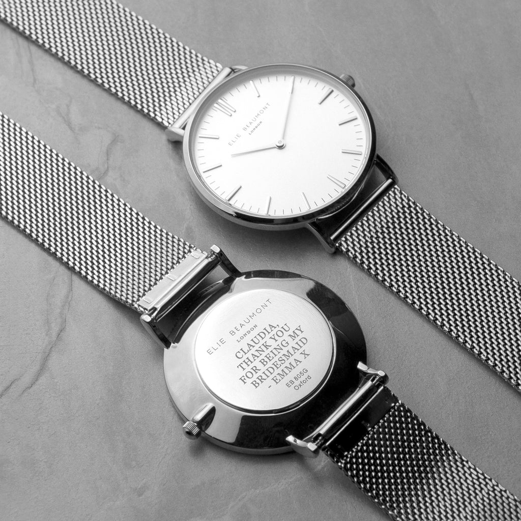 Personalised Metallic Mesh Strapped Watch With White Dial