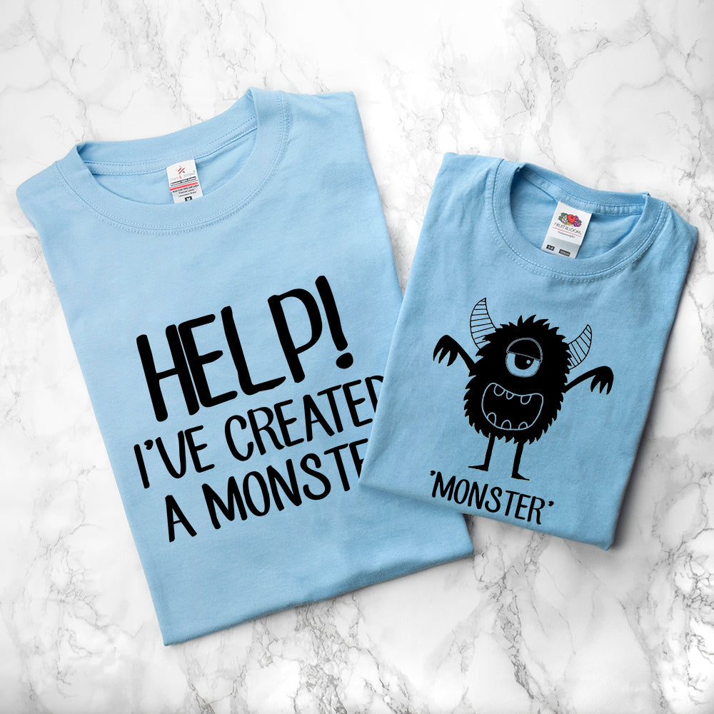 Personalised Daddy and Me Little Monster Blue T-Shirts
