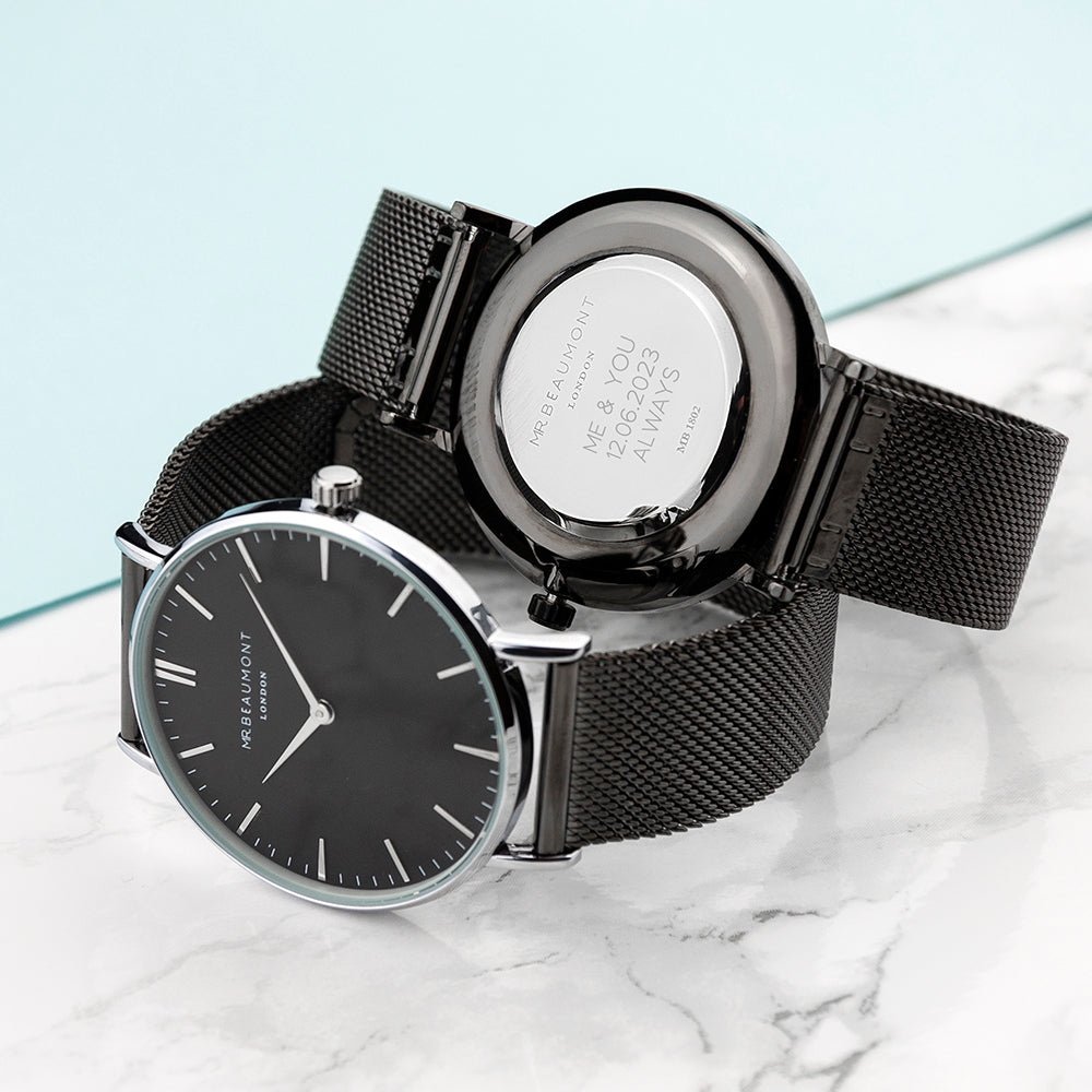 Personalised Men's Metallic Charcoal Grey Watch With Black Face