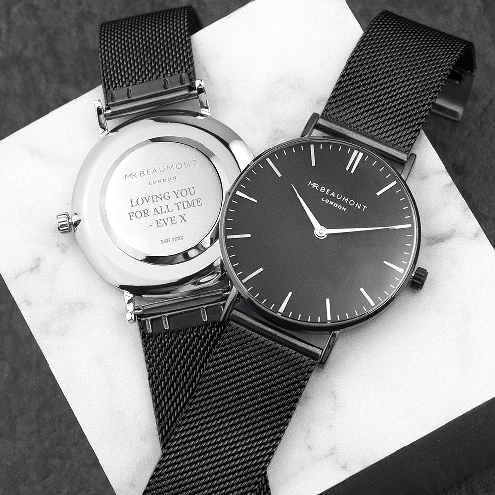 Personalised Men's Metallic Charcoal Grey Watch With Black Face