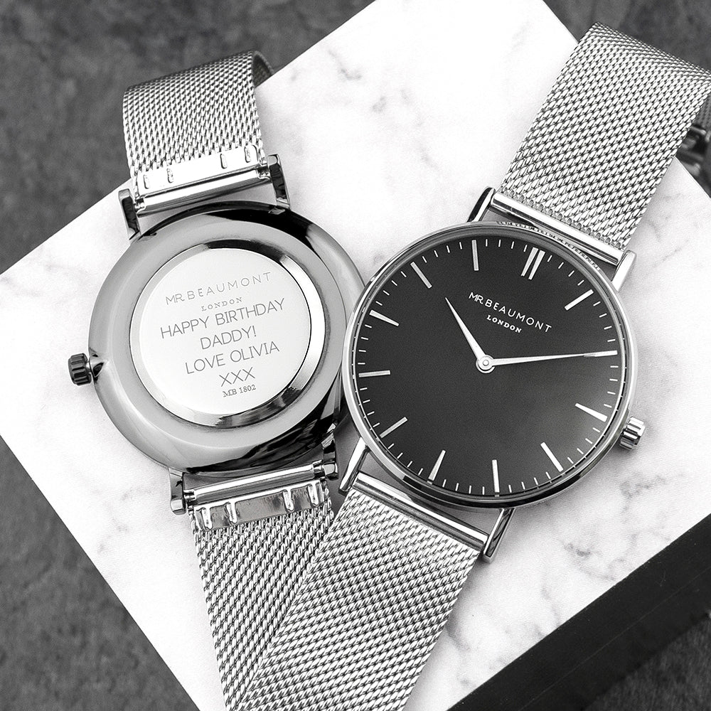 Personalised Men's Metallic Silver Watch With Black Face