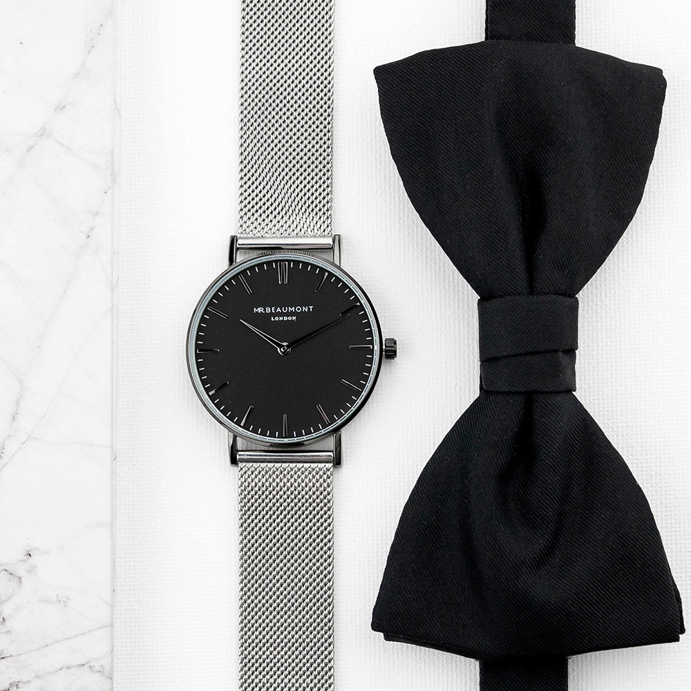 Personalised Men's Metallic Silver Watch With Black Face