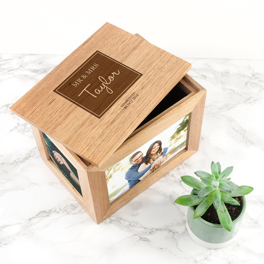 Personalised Contemporary Mr & Mrs Midi Oak Photo Cube Keepsake Box