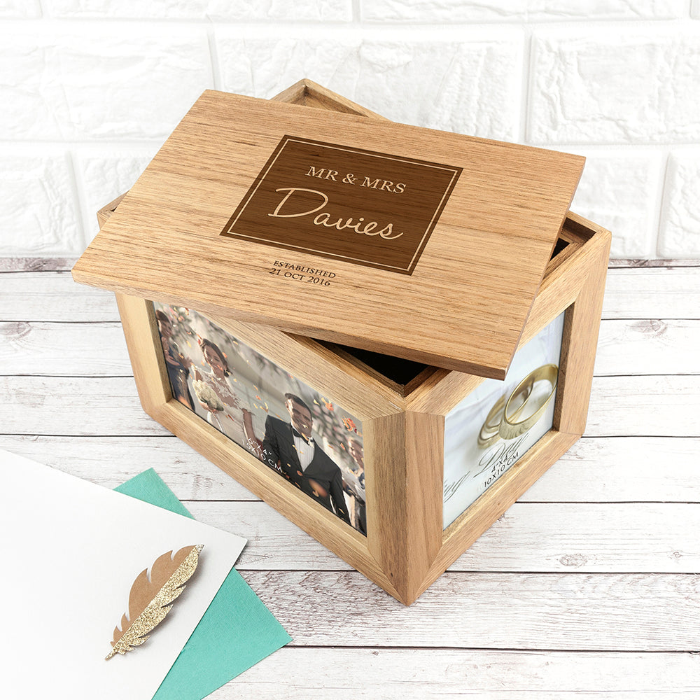 Personalised Contemporary Mr & Mrs Midi Oak Photo Cube Keepsake Box