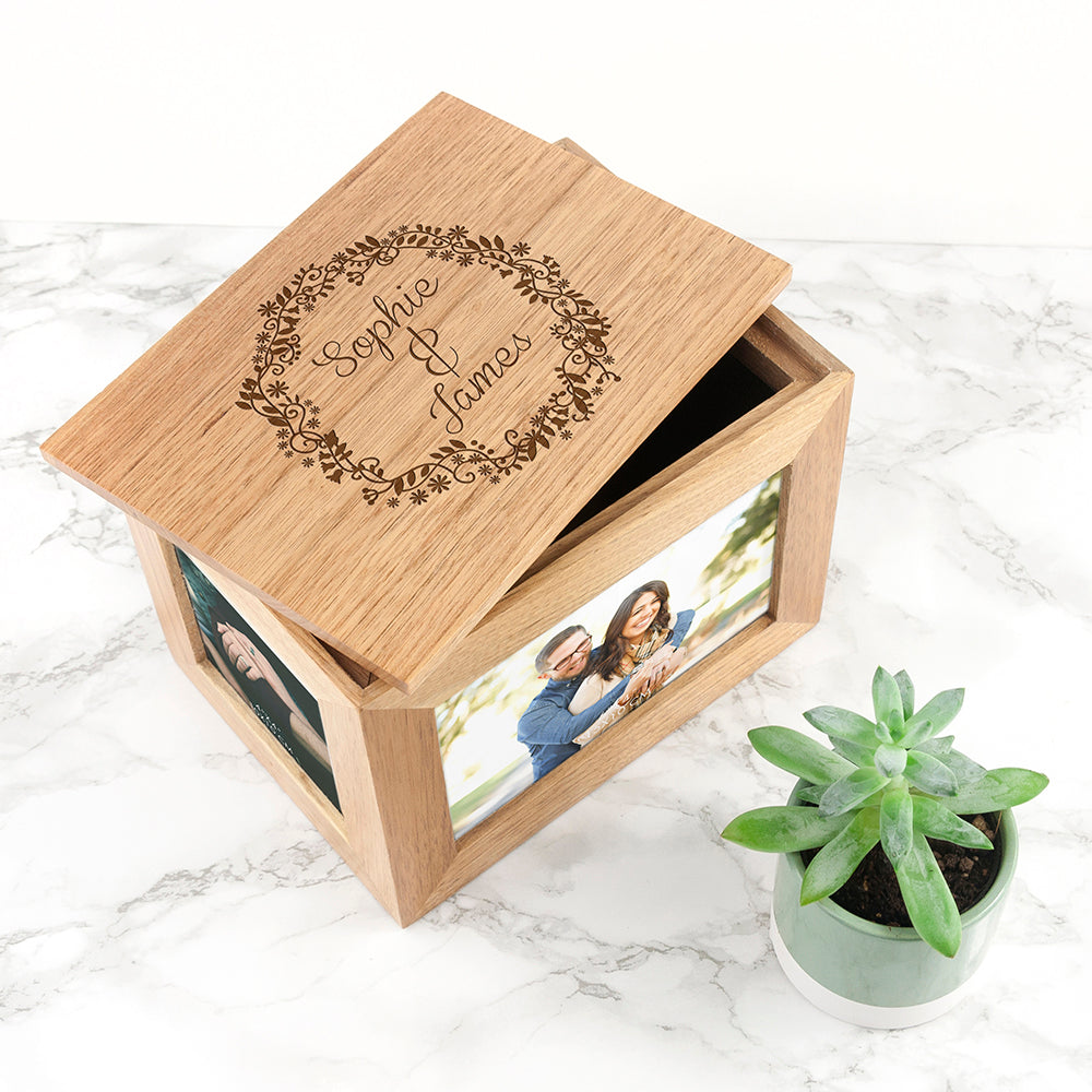 Personalised Floral Framed Couples' Midi Oak Photo Cube Keepsake Box