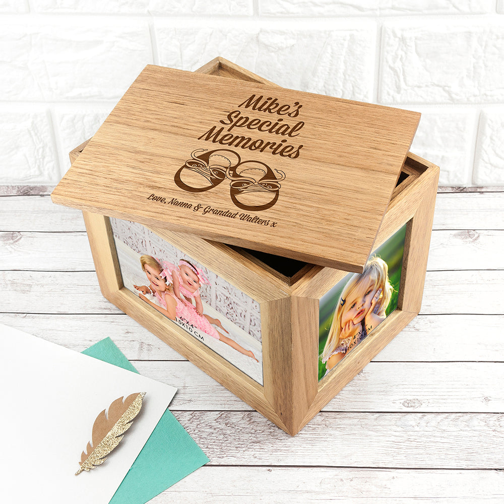 Personalised Baby Shoes Midi Oak Photo Cube Keepsake Box