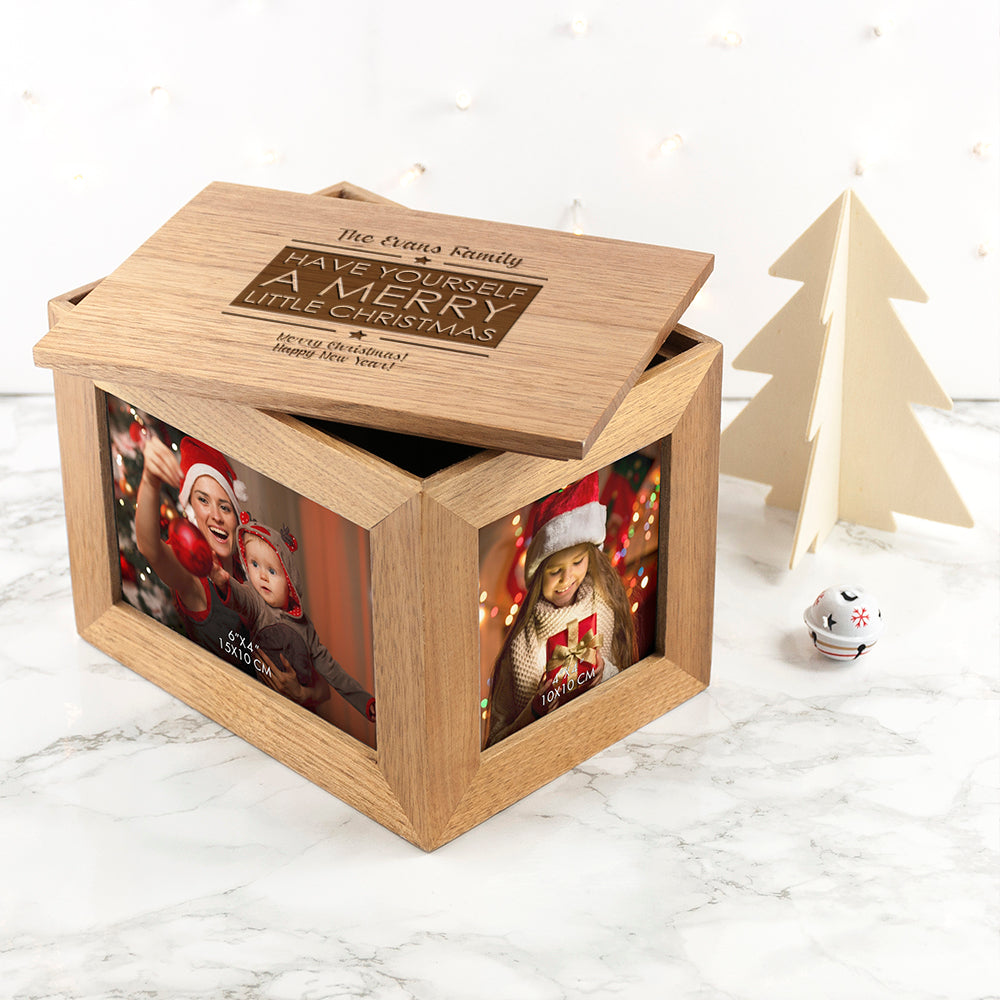 Personalised Merry Christmas Midi Oak Photo Cube Keepsake Box