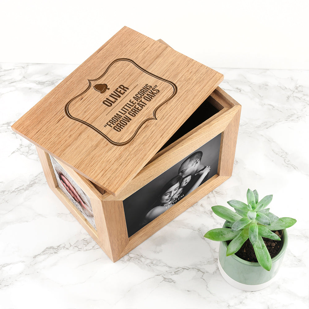 Personalised Little Acorn Midi Oak Photo Cube Keepsake Box