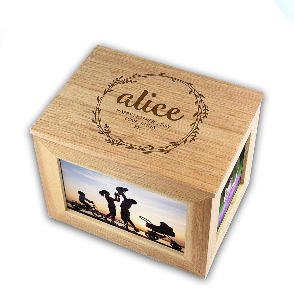 Personalised Wreath Mother's Day Midi Oak Photo Cube Keepsake Box