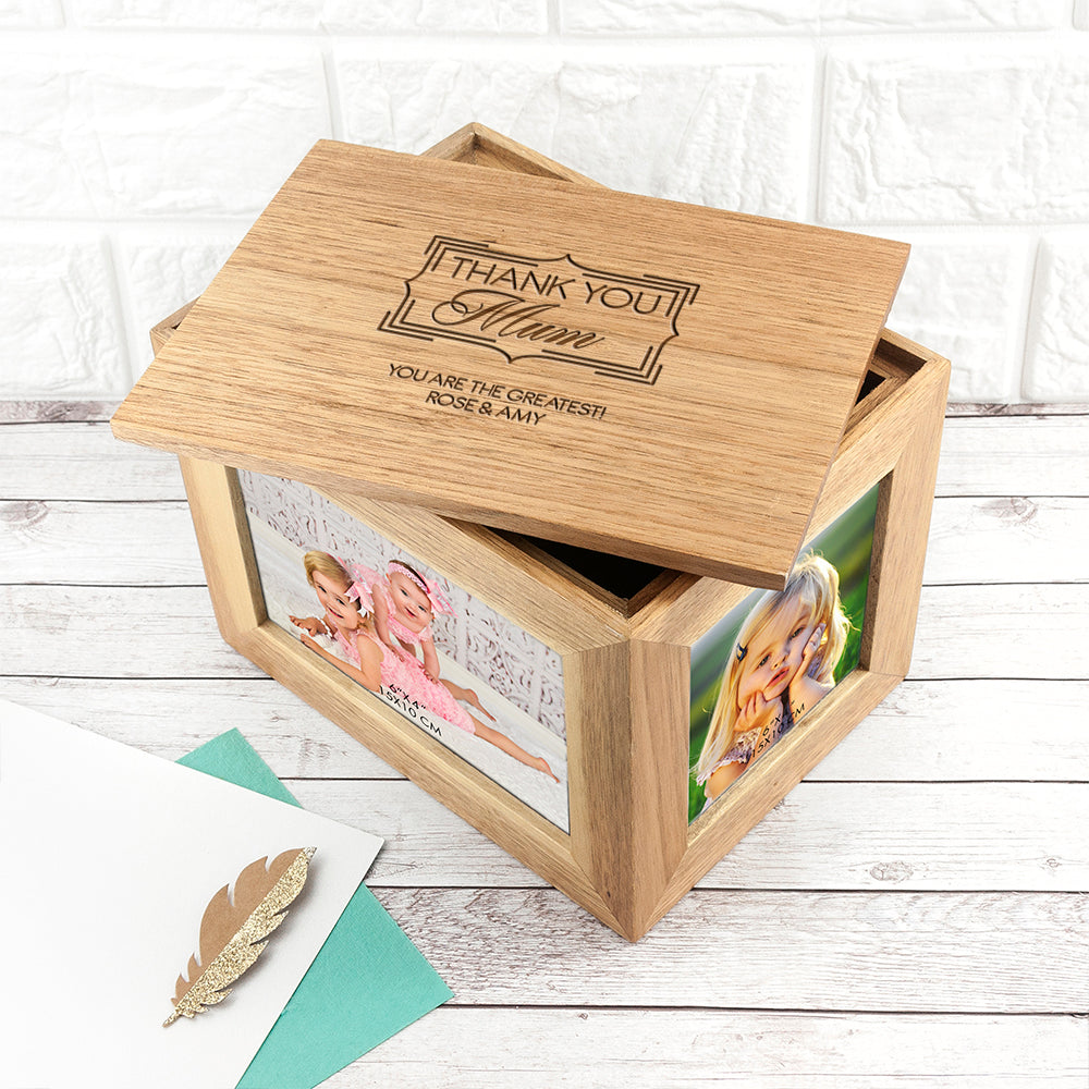 Personalised Thank You Midi Oak Photo Cube Keepsake Box
