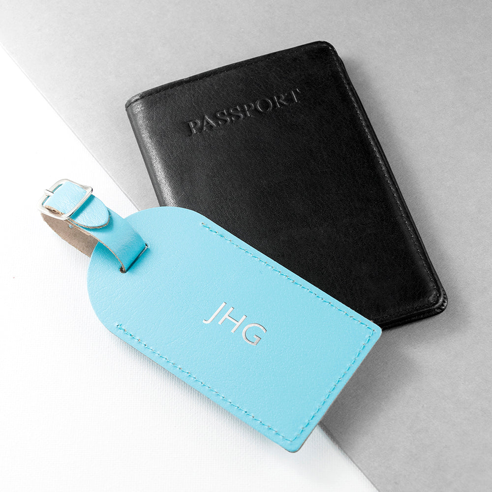 Personalised Pastel Blue Foiled Leather Luggage Tag