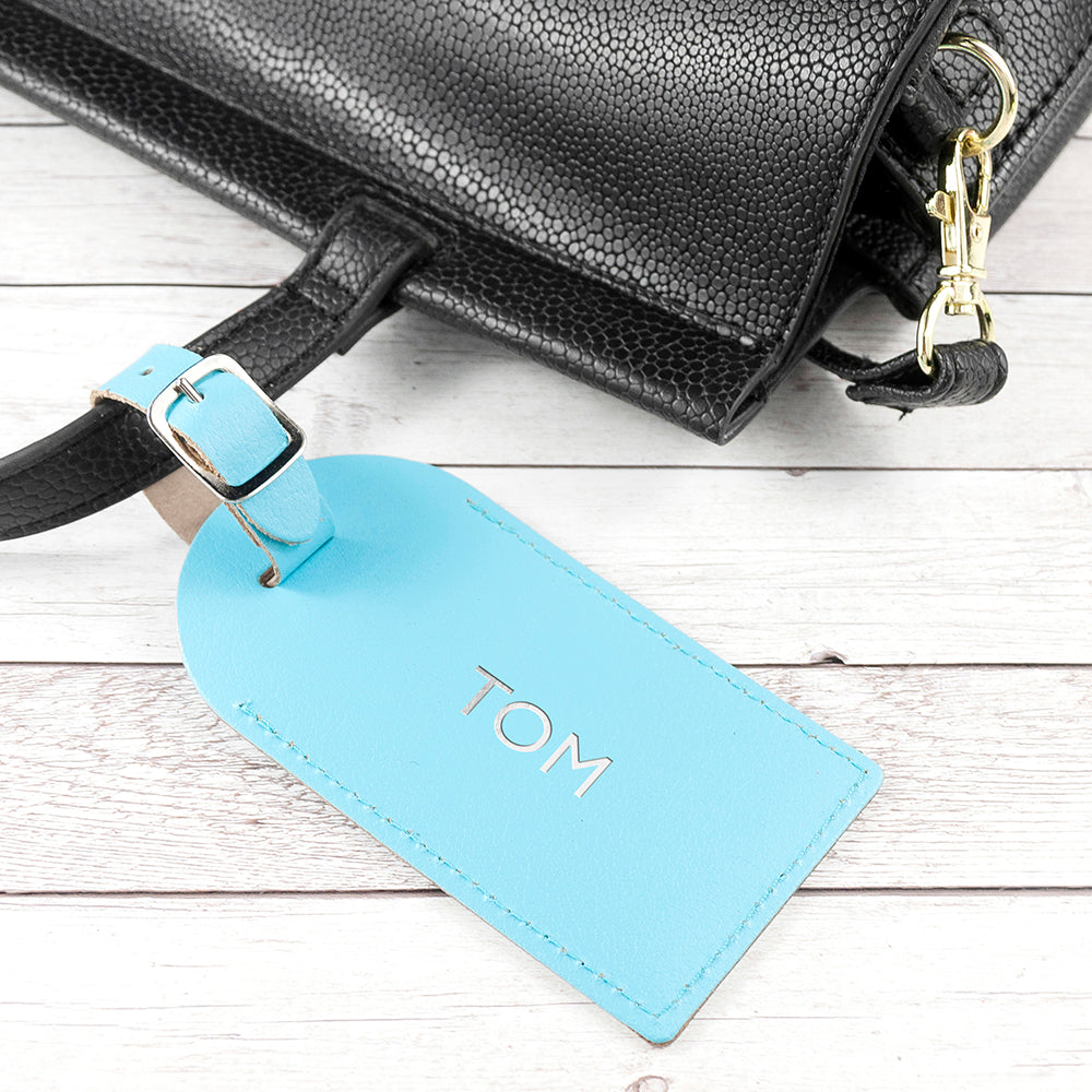 Personalised Pastel Blue Foiled Leather Luggage Tag