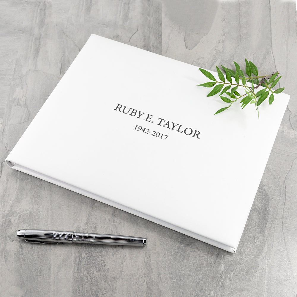 Engraved White Leather Memoriam Book