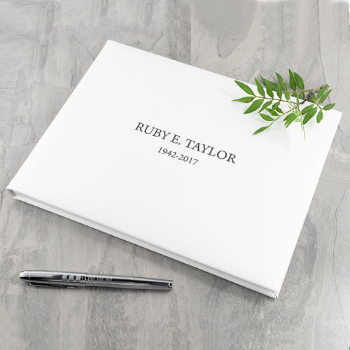 Engraved White Leather Memoriam Book