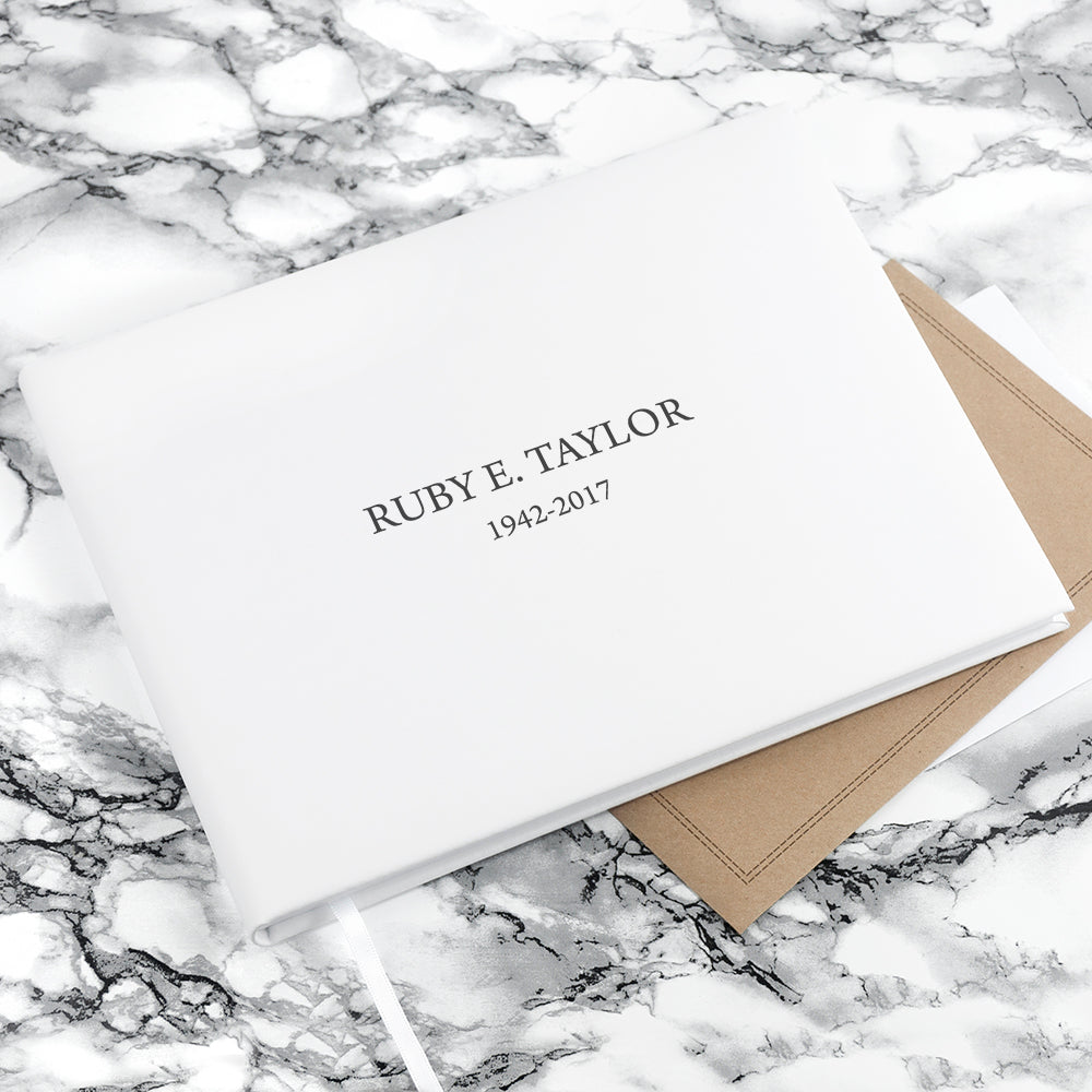 Engraved White Leather Memoriam Book