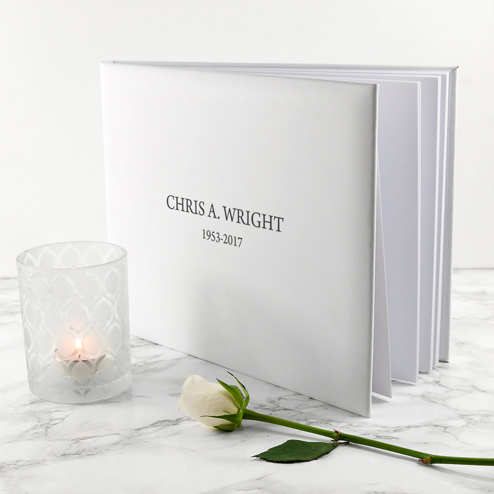 Engraved White Leather Memoriam Book
