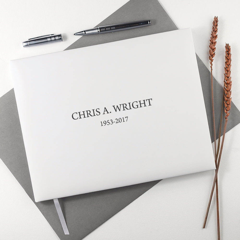 Engraved White Leather Memoriam Book