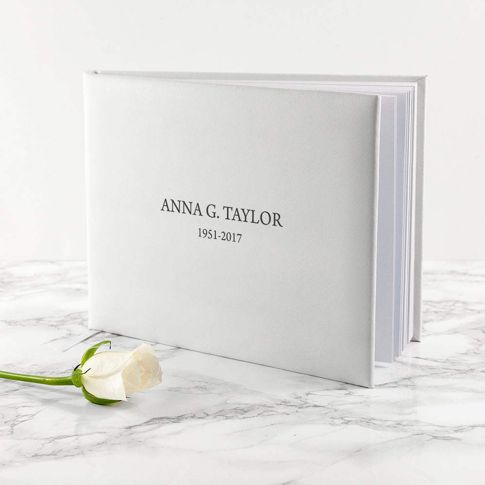 Engraved White Leather Memoriam Book