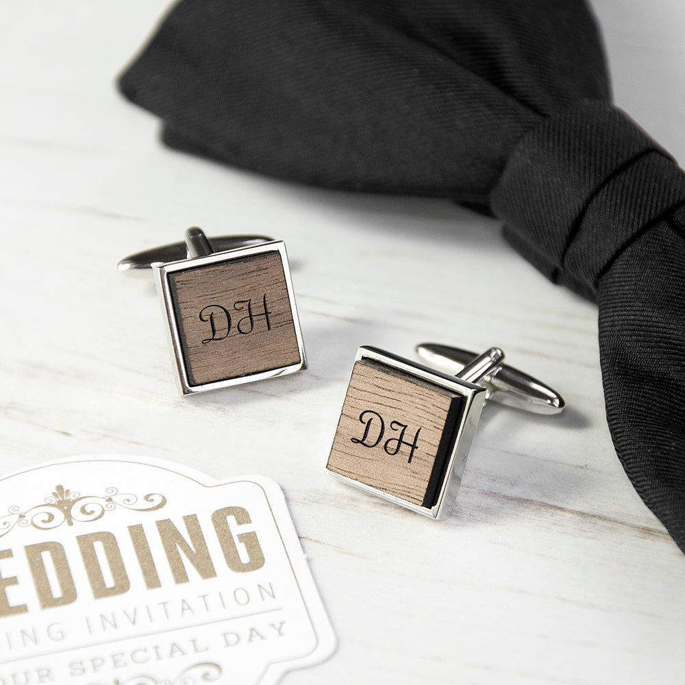 Monogram Engraved Square Walnut Cufflinks