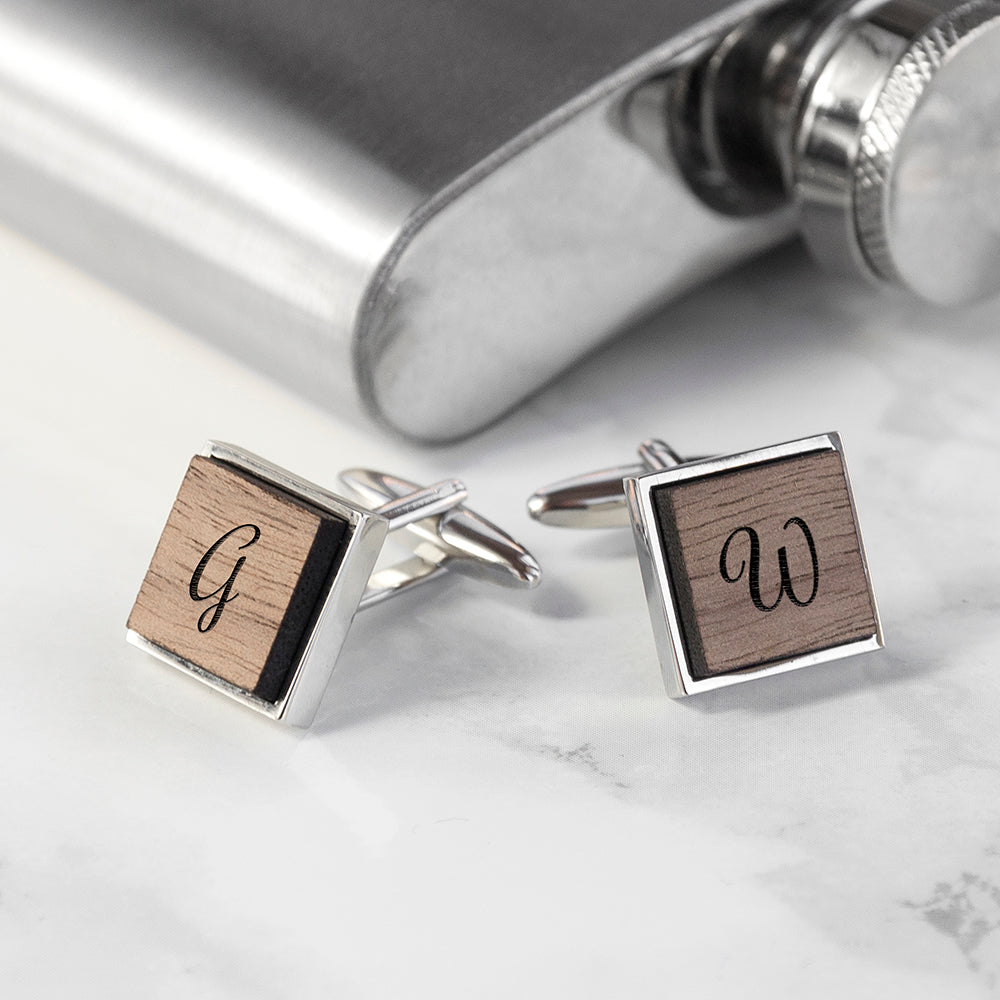 Monogram Engraved Square Walnut Cufflinks