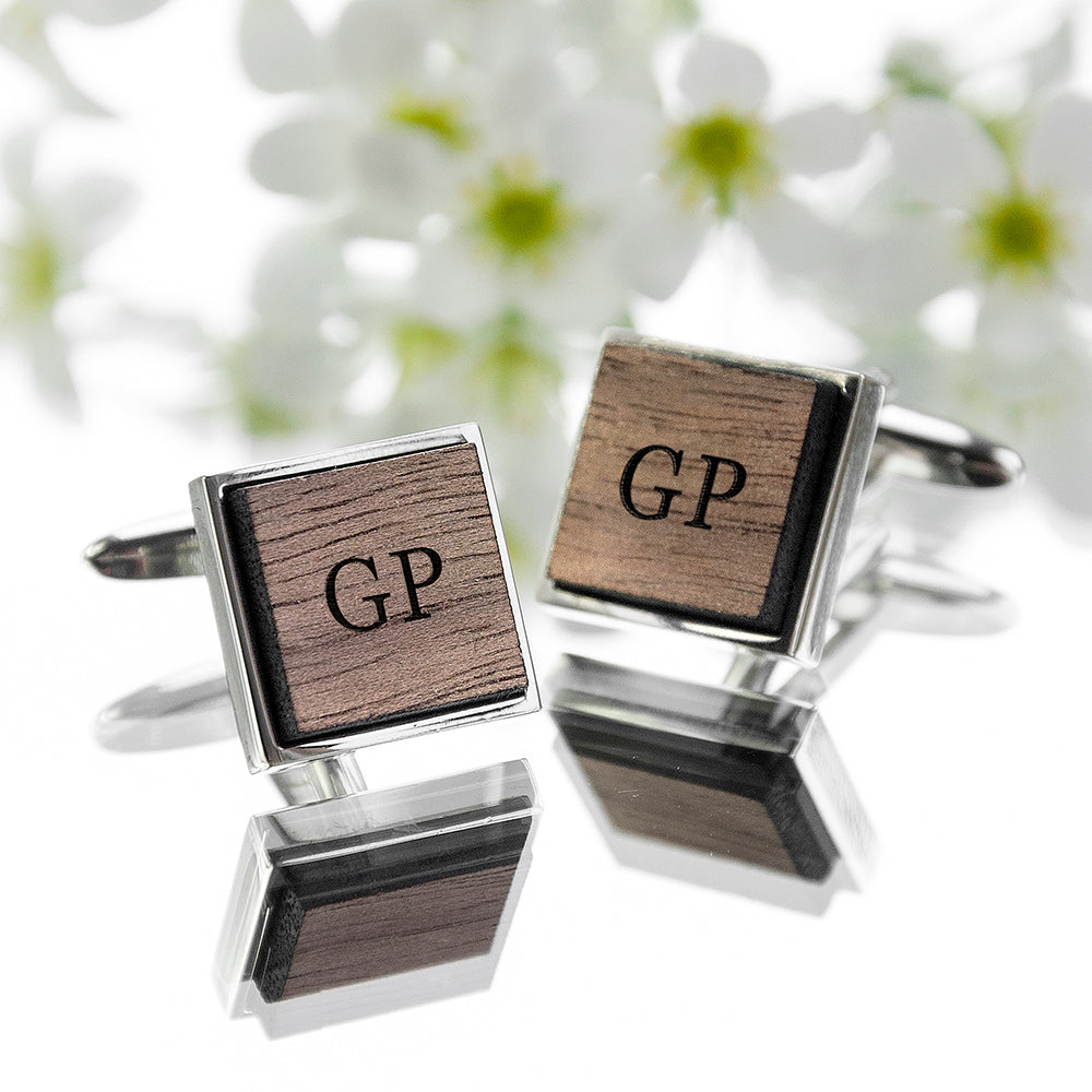 Monogram Engraved Square Walnut Cufflinks