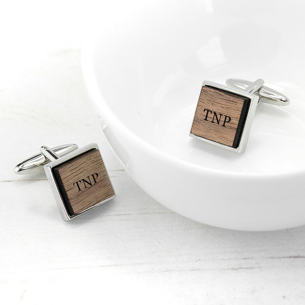 Monogram Engraved Square Walnut Cufflinks