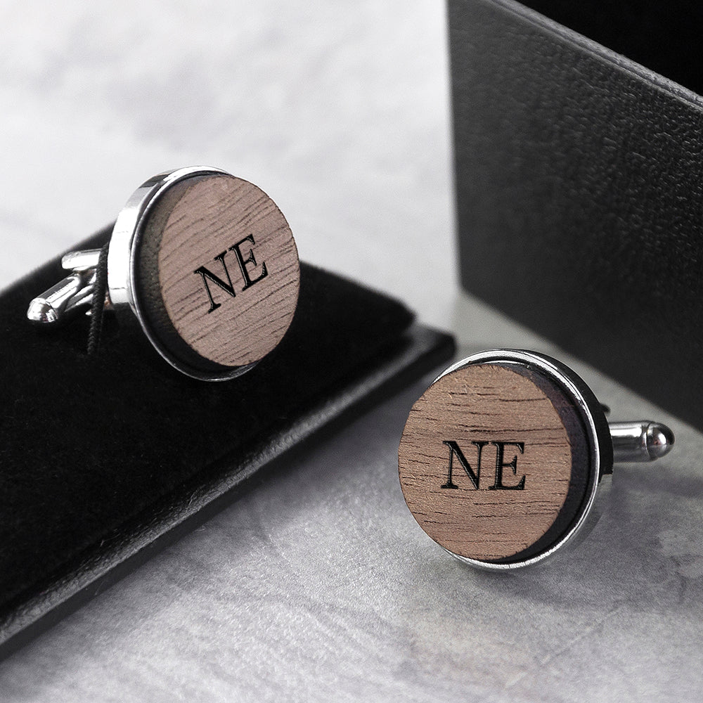 Monogram Engraved Round Walnut Cufflinks