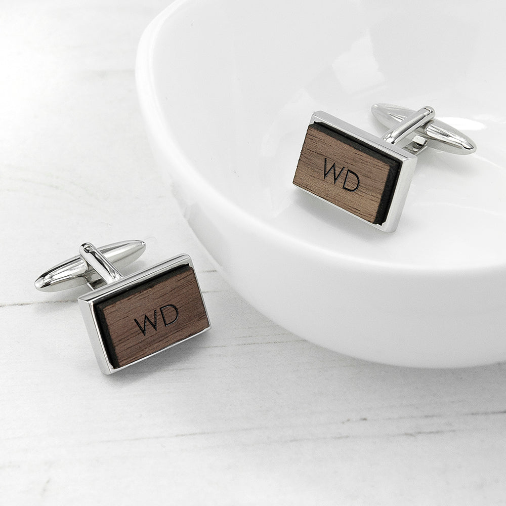 Monogram Engraved Rectangle Walnut Cufflinks