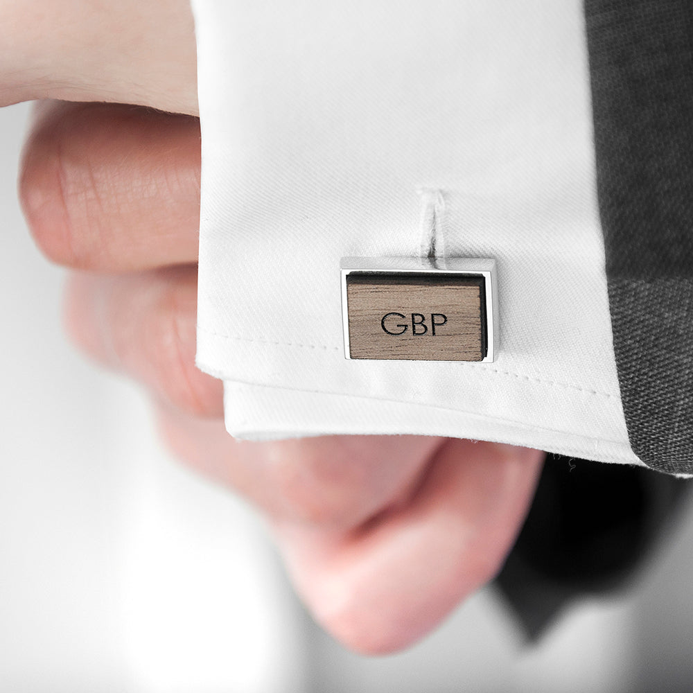 Monogram Engraved Rectangle Walnut Cufflinks