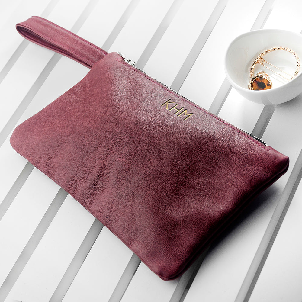 Monogrammed Burgundy Leather Clutch Bag