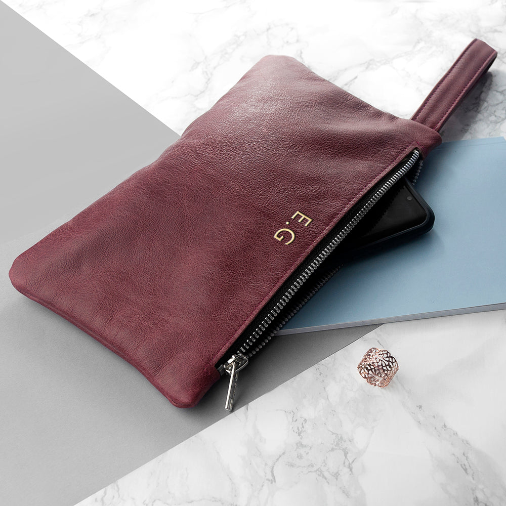 Monogrammed Burgundy Leather Clutch Bag