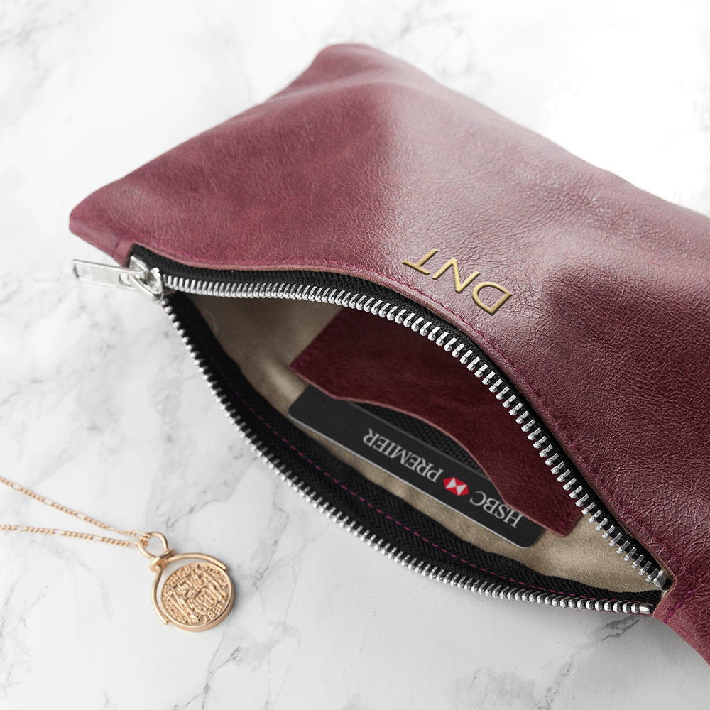 Monogrammed Burgundy Leather Clutch Bag
