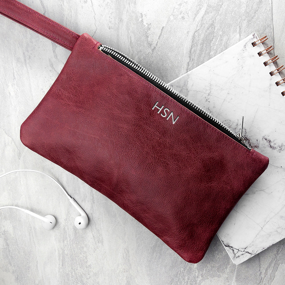 Monogrammed Burgundy Leather Clutch Bag