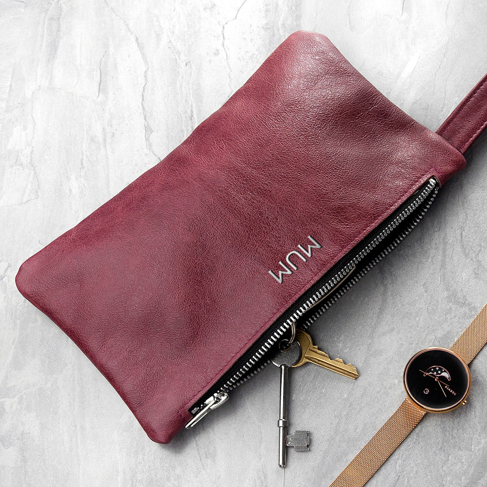 Monogrammed Burgundy Leather Clutch Bag